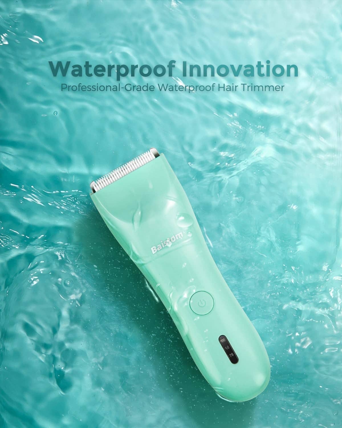 Waterproof mint teal hair trimmer shown floating in water