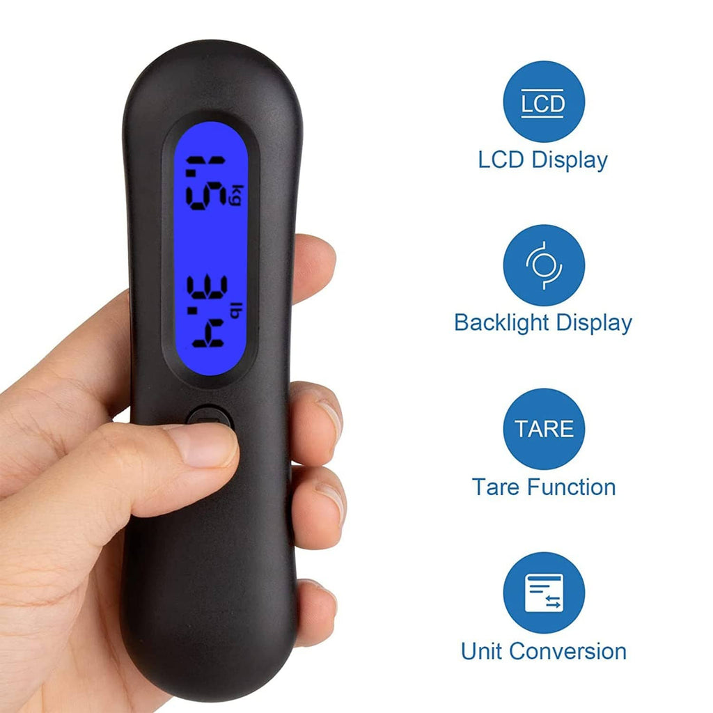 Black digital trigger pull scale gauge held in hand, blue backlit LCD screen