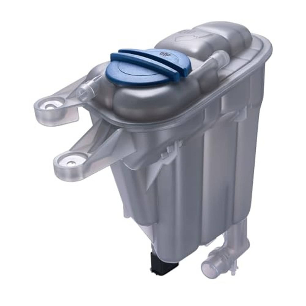 Grey coolant expansion overflow tank angled view with blue reservoir cap