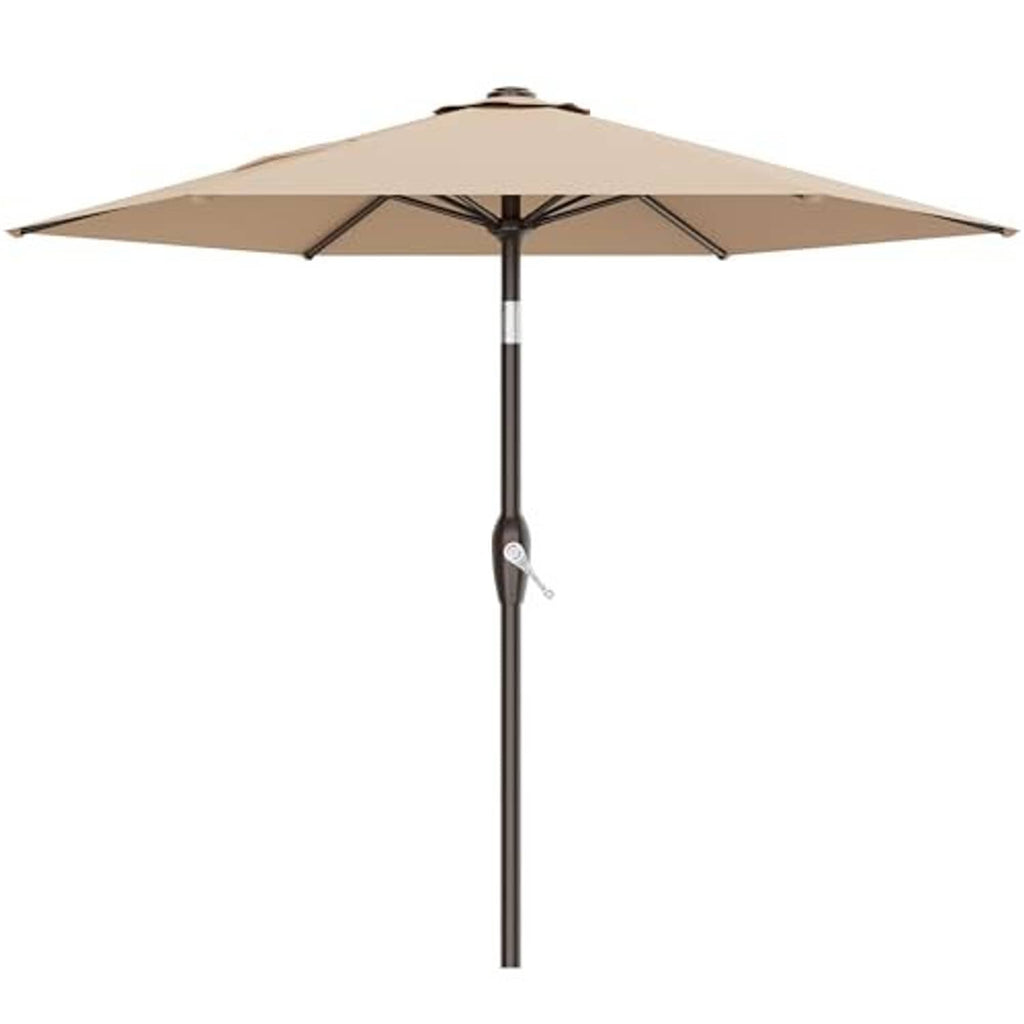 Beige table umbrella with open canopy and central tilt crank pole
