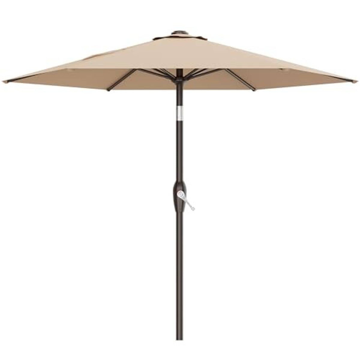 Beige table umbrella with open canopy and central tilt crank pole
