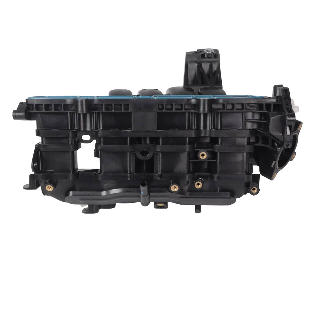 Air intake manifold side view with mounting tabs and black plastic housing
