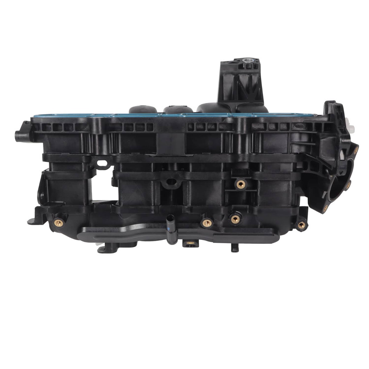 Air intake manifold side view with mounting tabs and black plastic housing