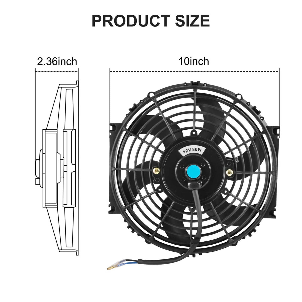 Black 10-inch electric radiator cooling fan, circular grille with blue center hub and wires