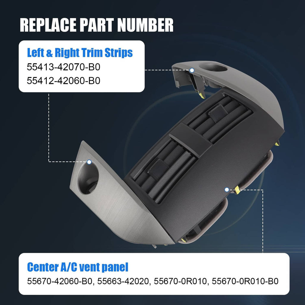 Center A/C vent panel trim with side tabs and circular cutouts, dark gray