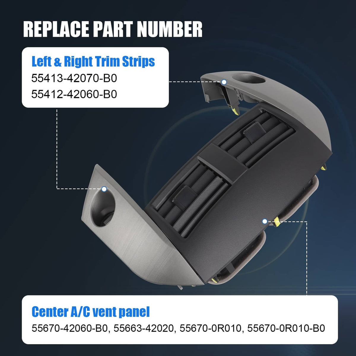 Center A/C vent panel trim with side tabs and circular cutouts, dark gray