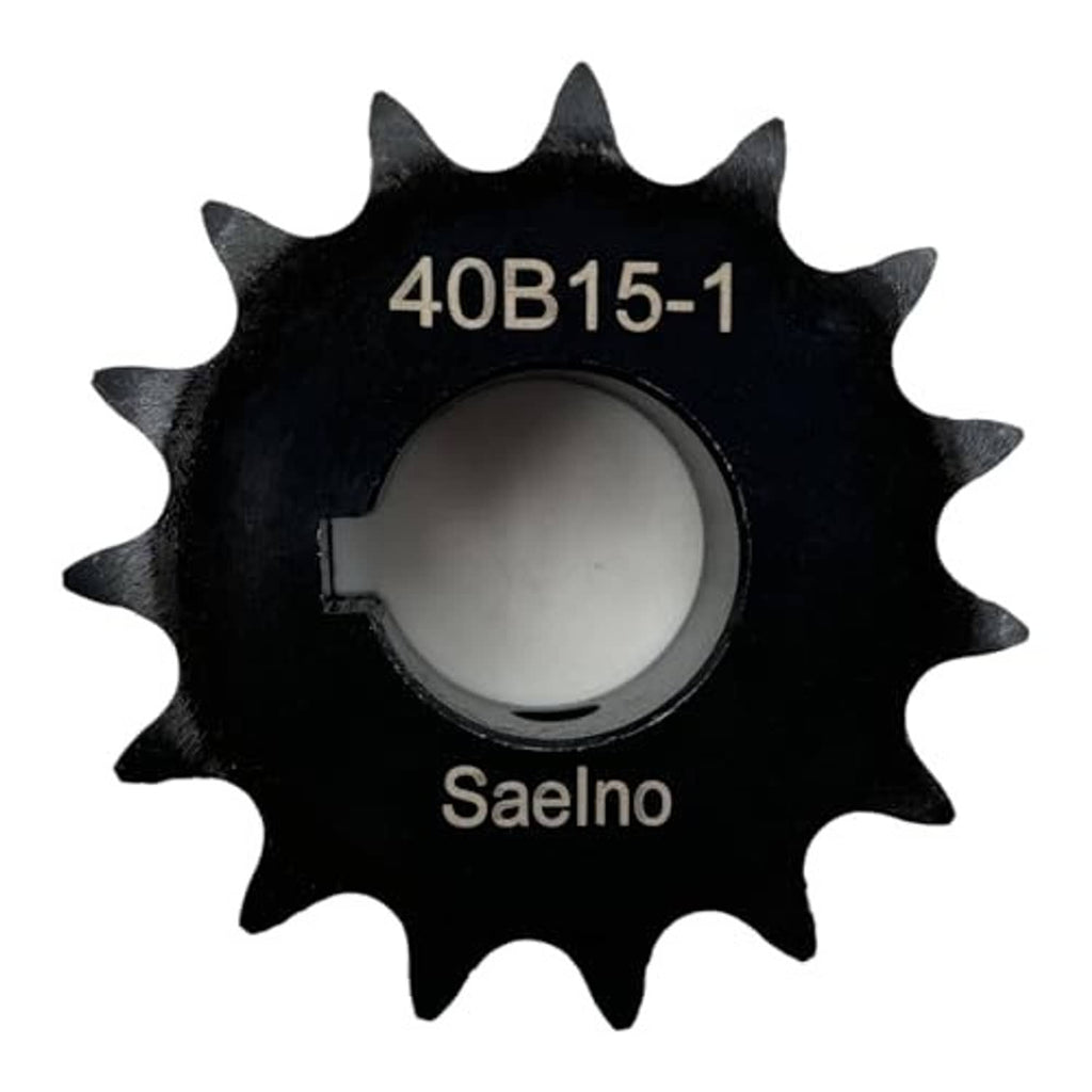 Front view of dark roller chain sprocket with 4OB15-1 marking and Saelno logo