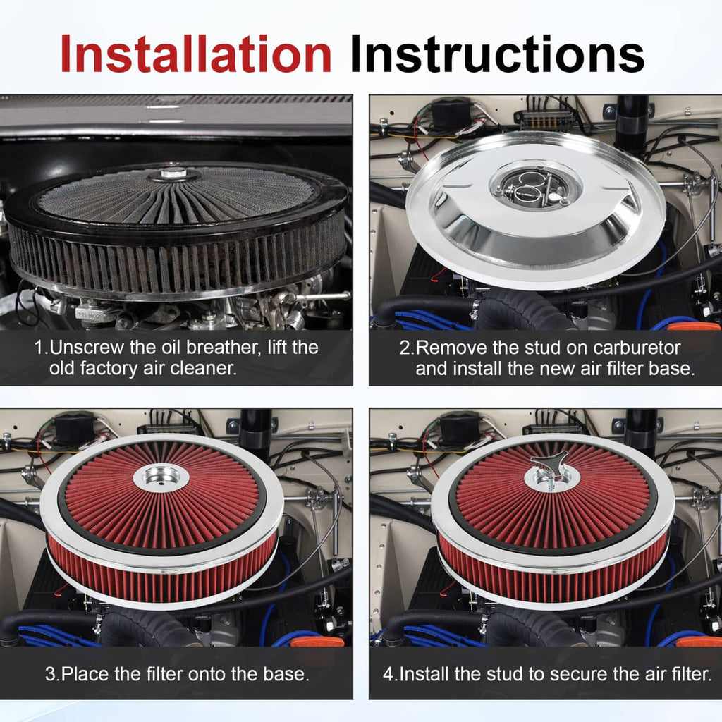 Installed round red air cleaner on engine with chrome base and center cap.