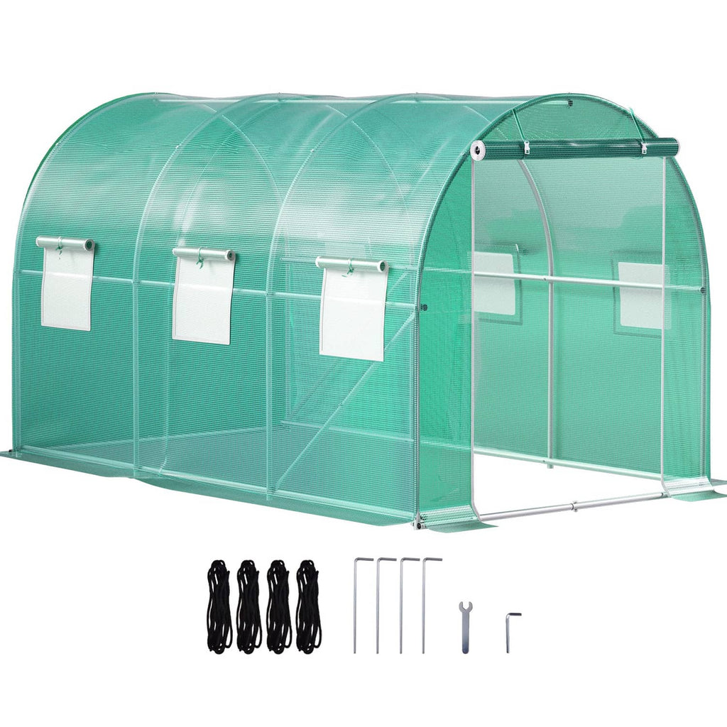 Greenhouse tunnel with green waterproof cover and galvanized frame, side view