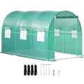 Greenhouse tunnel with green waterproof cover and galvanized frame, side view