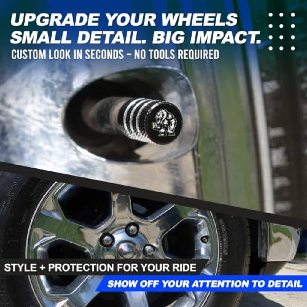 Black Yeti tire valve stem cap installed on tire valve, textured grip and silver bands