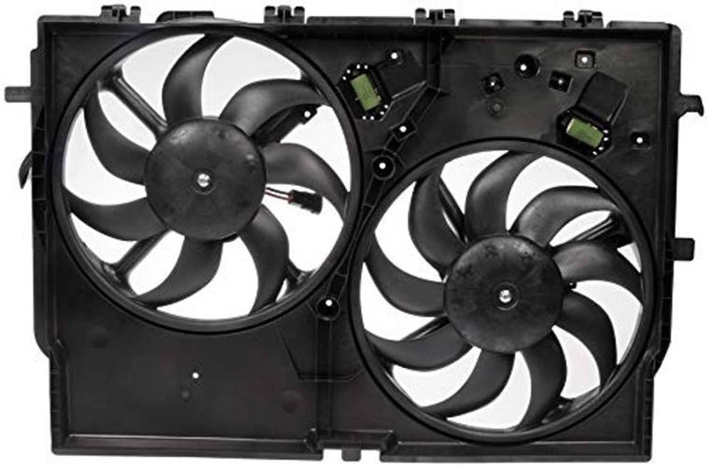 Engine cooling fan assembly with two black fan housings, blades, and small connectors