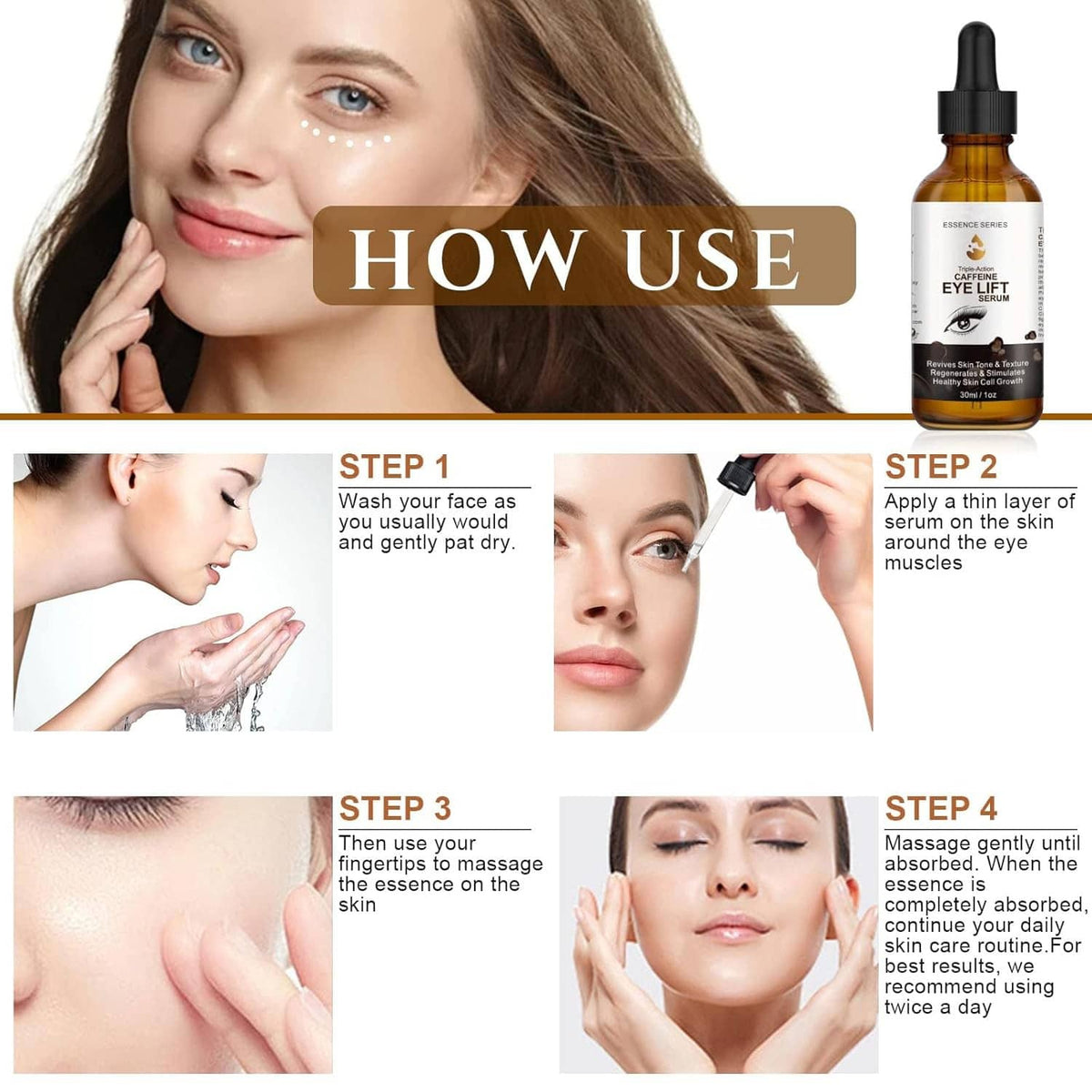 Caffeine eye serum bottle with black dropper during face application on model