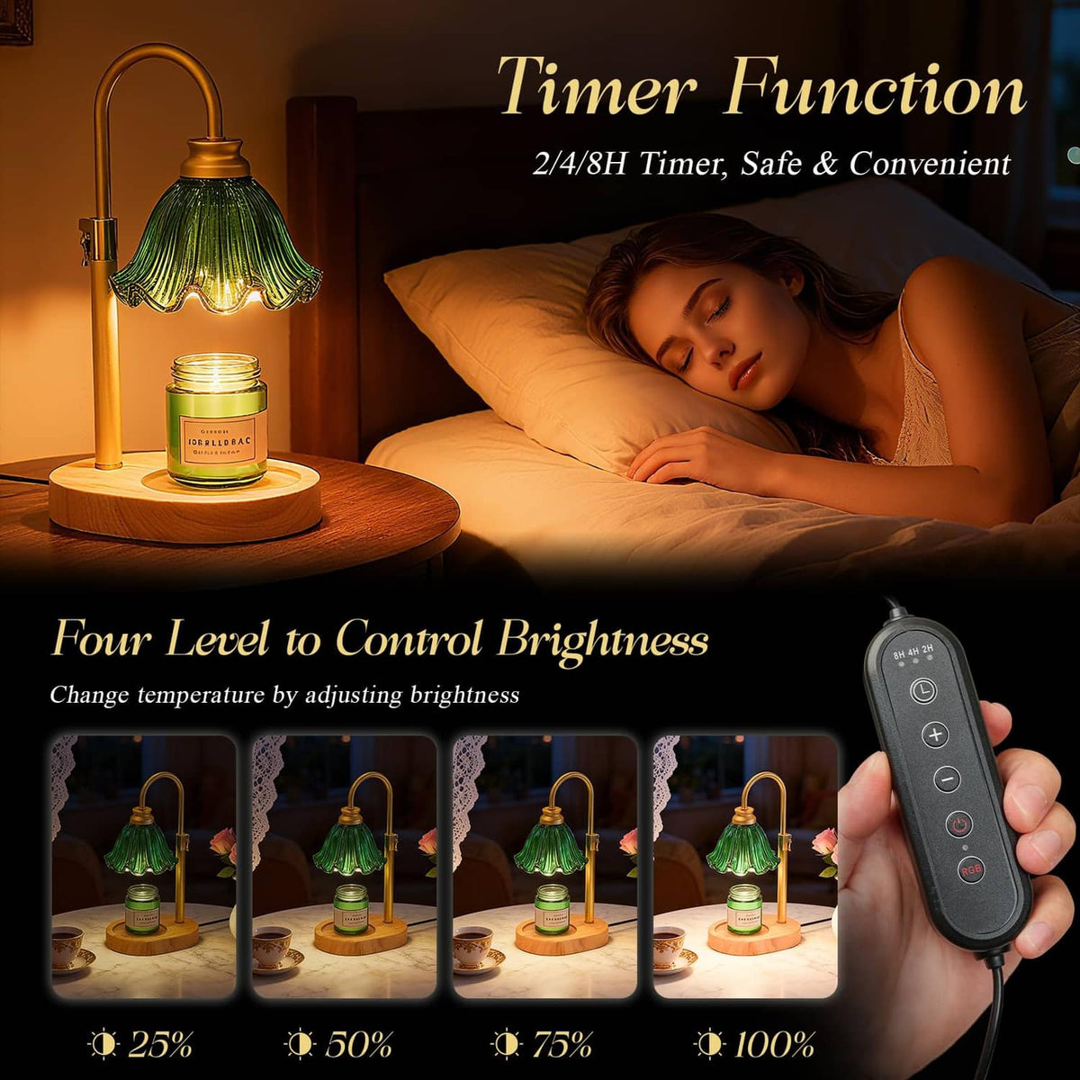 Green flower glass candle warmer lamp on round wooden base with timer remote display