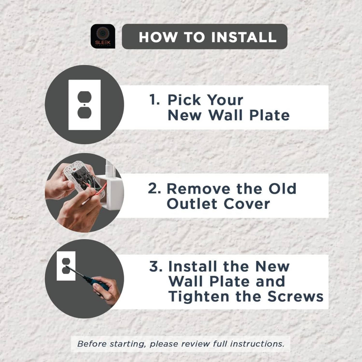 Wall plate installation steps graphic with outlet and screwdriver icons