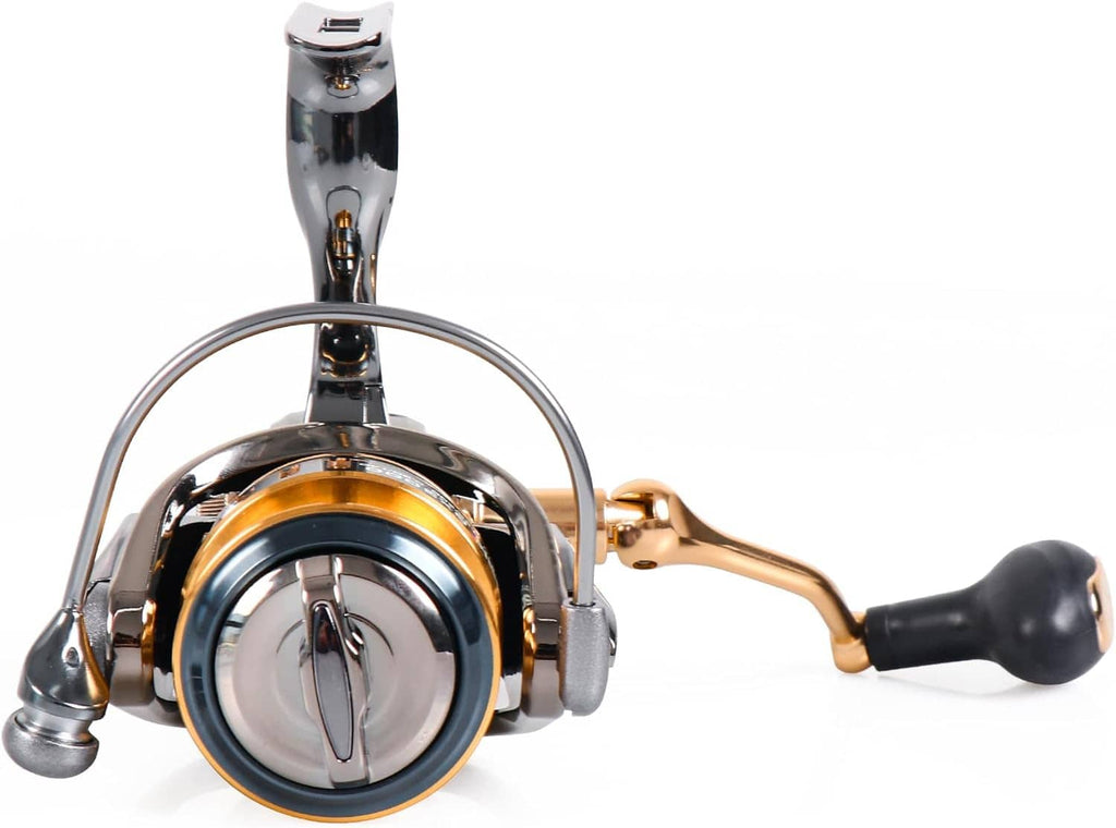 Spinning fishing reel front view with gold spool, chrome body, and black handle knob