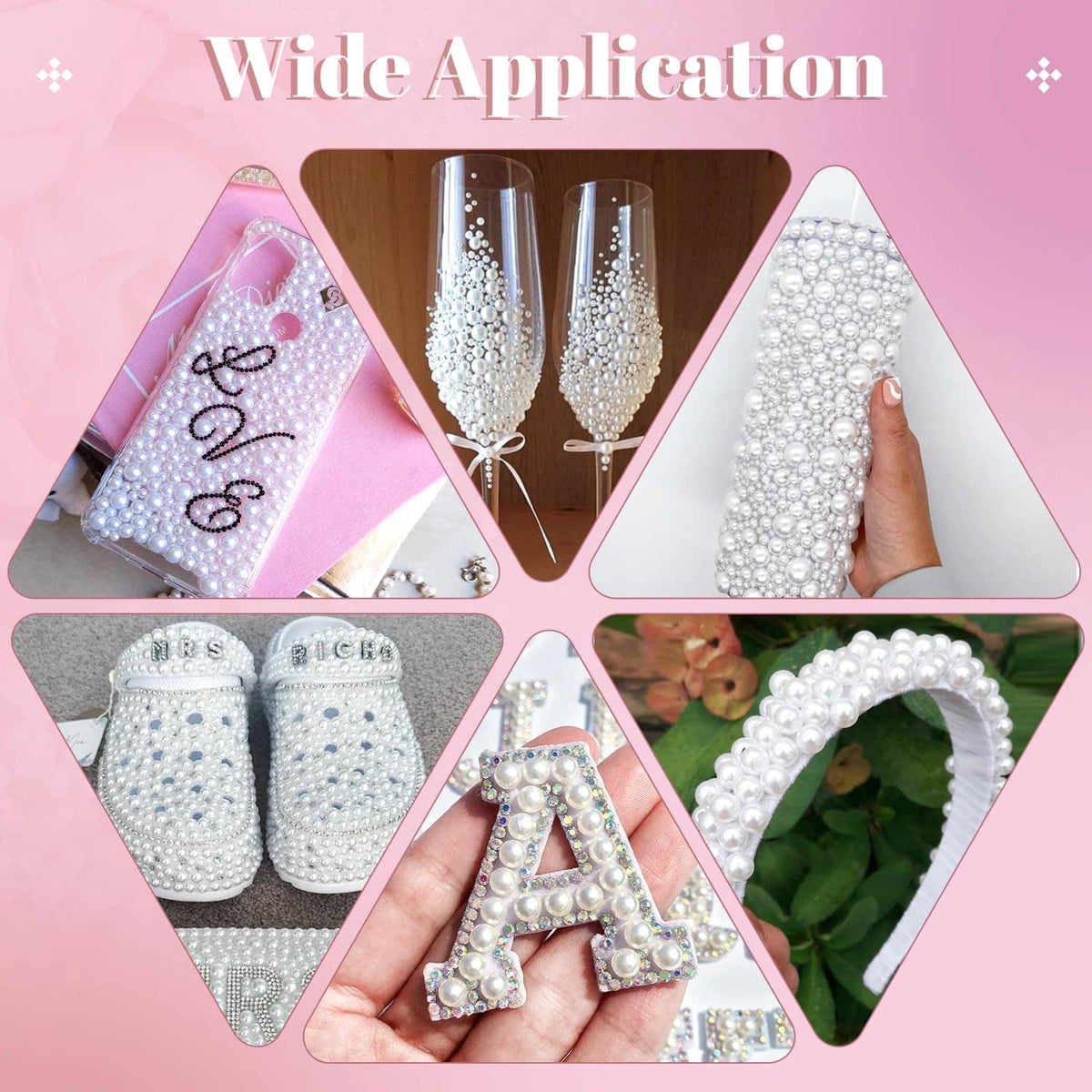 White flatback pearls for crafting, shown being placed on decorative letters