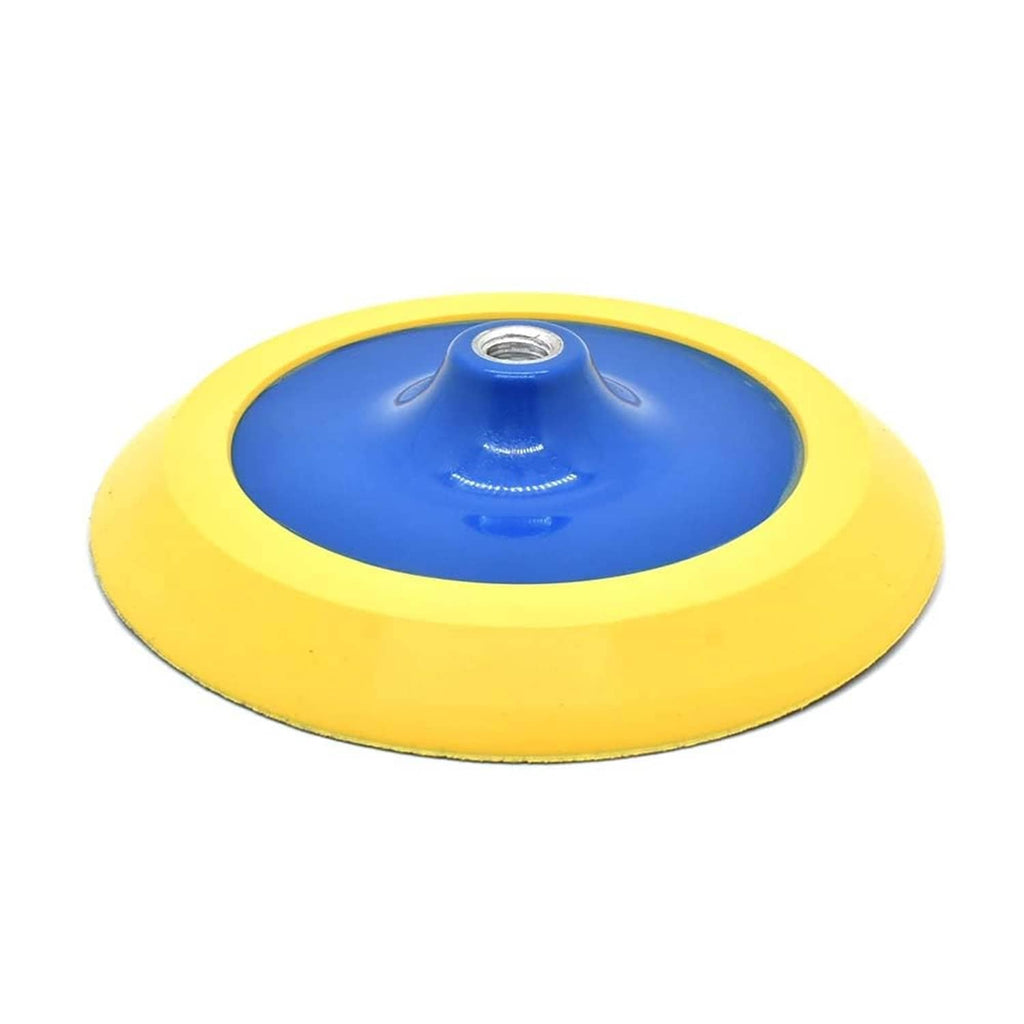 8-inch PSA sanding pad with yellow backing and blue center, threaded insert on top.