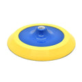 8-inch PSA sanding pad with yellow backing and blue center, threaded insert on top.