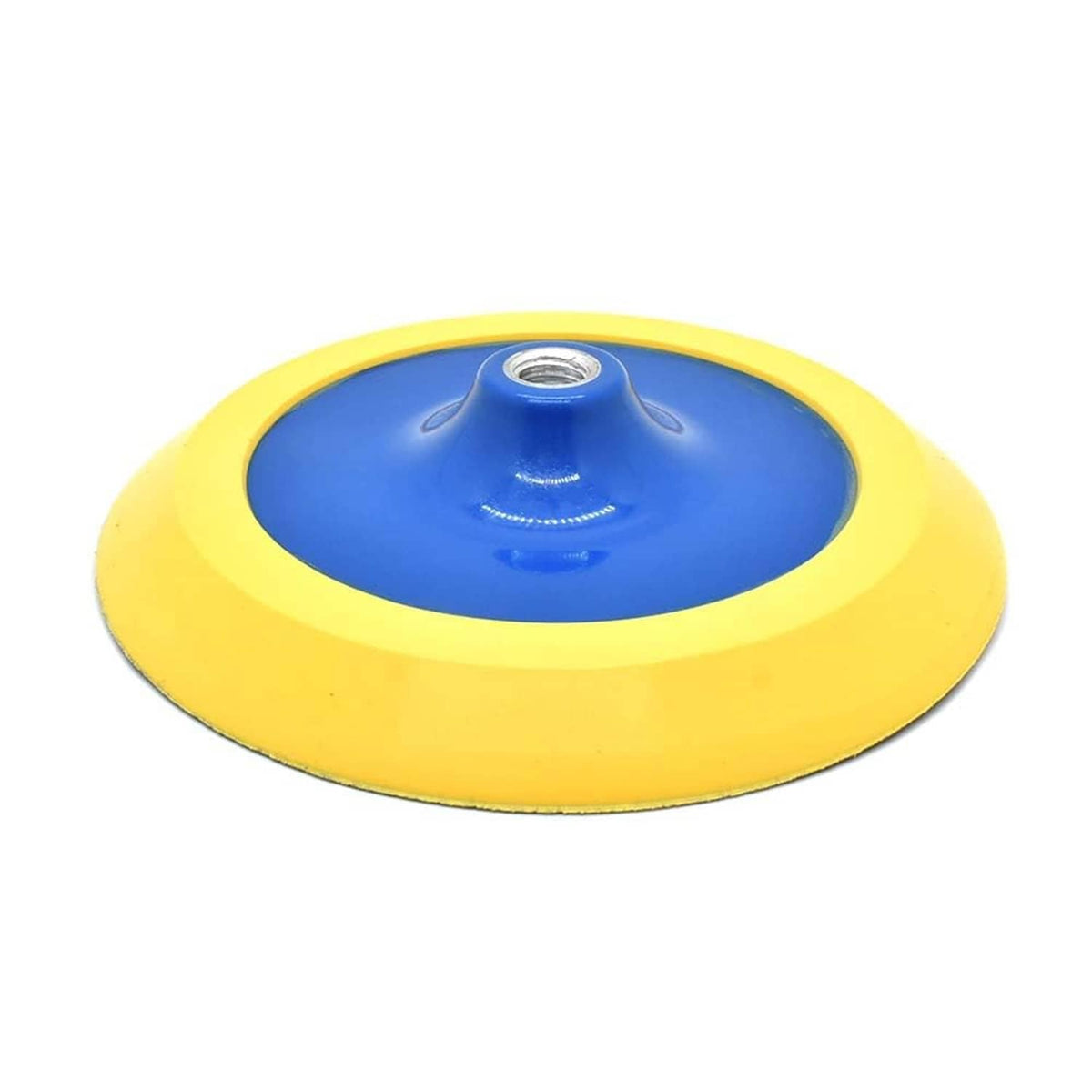 8-inch PSA sanding pad with yellow backing and blue center, threaded insert on top.