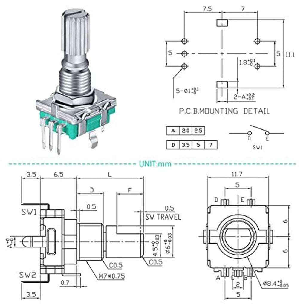 Rotary encoder code switch technical drawing showing mounting dimensions