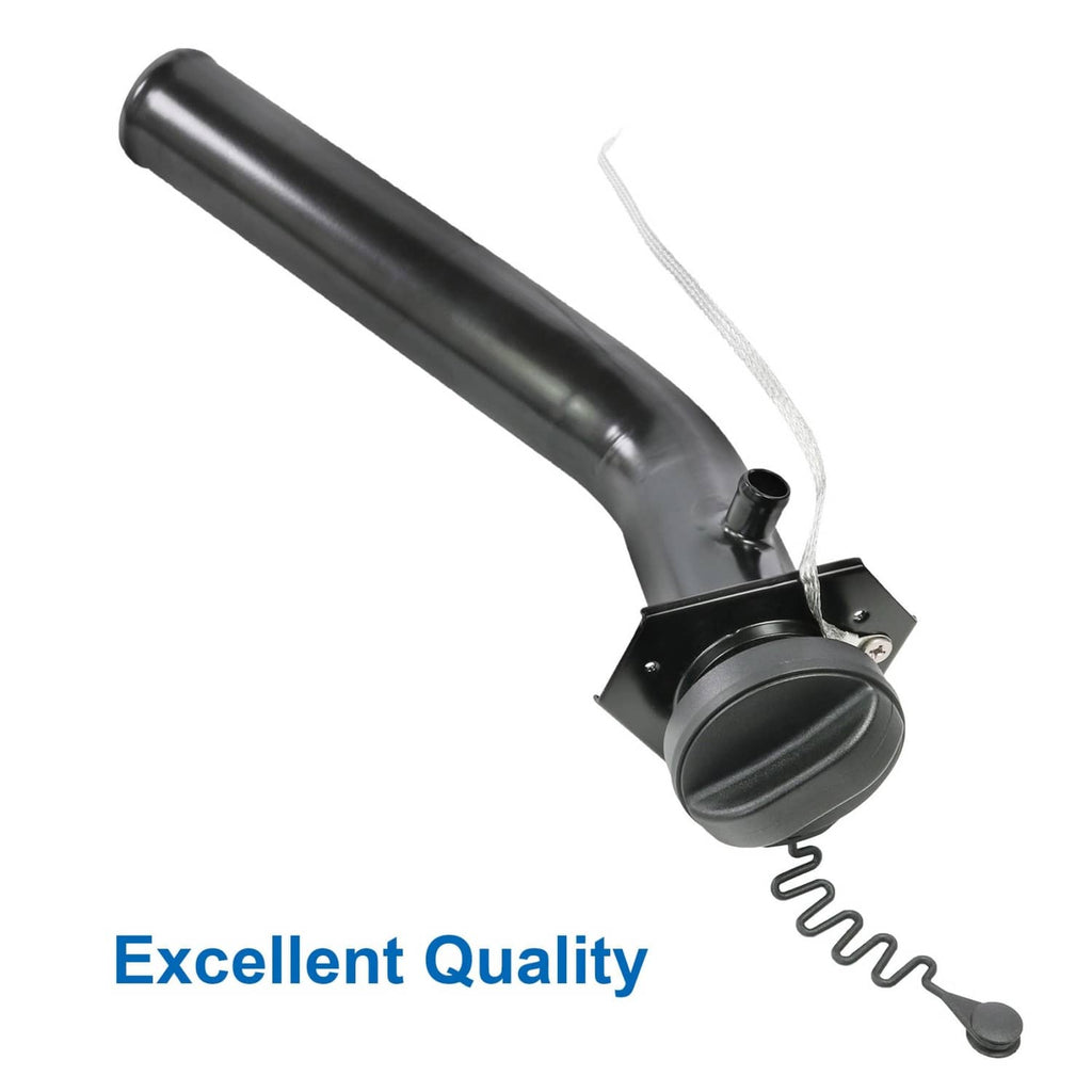 Black fuel tank filler neck tube with cap, tether cable, and spring retainer