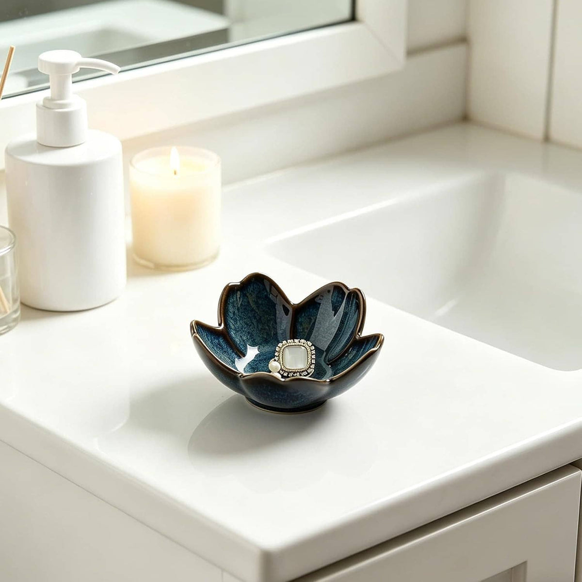 Blue ceramic flower ring holder dish with decorative ring and pearl accent