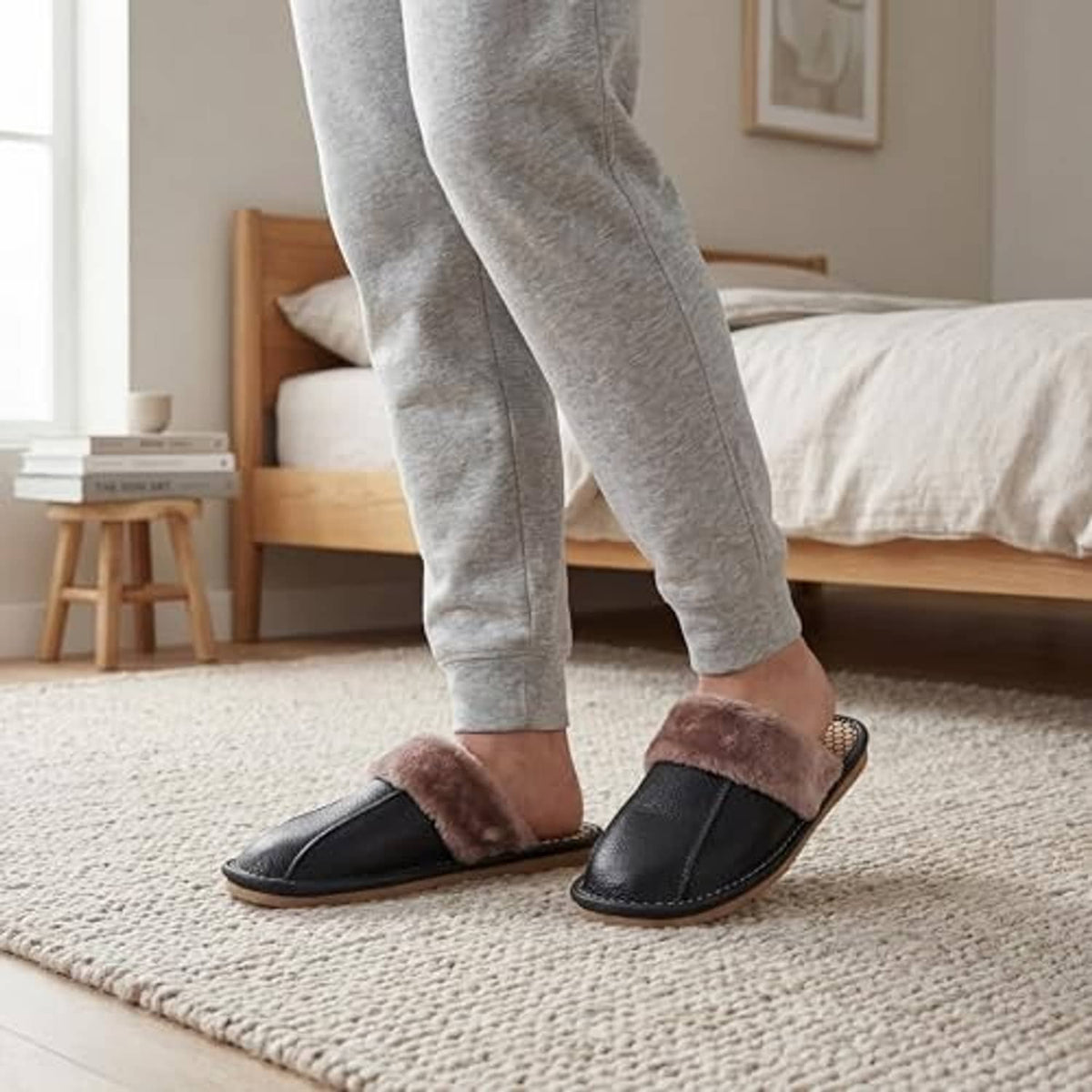 Unisex black leather slippers with plush taupe lining worn with light gray pants.