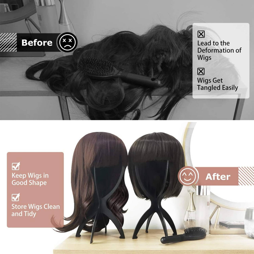 Pair of black wig head stands supporting wigs on hourglass bases with three feet