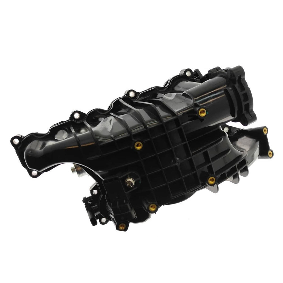 Black intake manifold with attached control actuator, automotive engine intake part