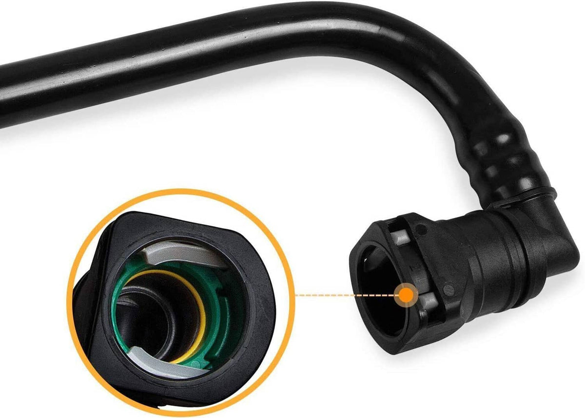 Vent solenoid valve fitting with black hose and visible internal seal
