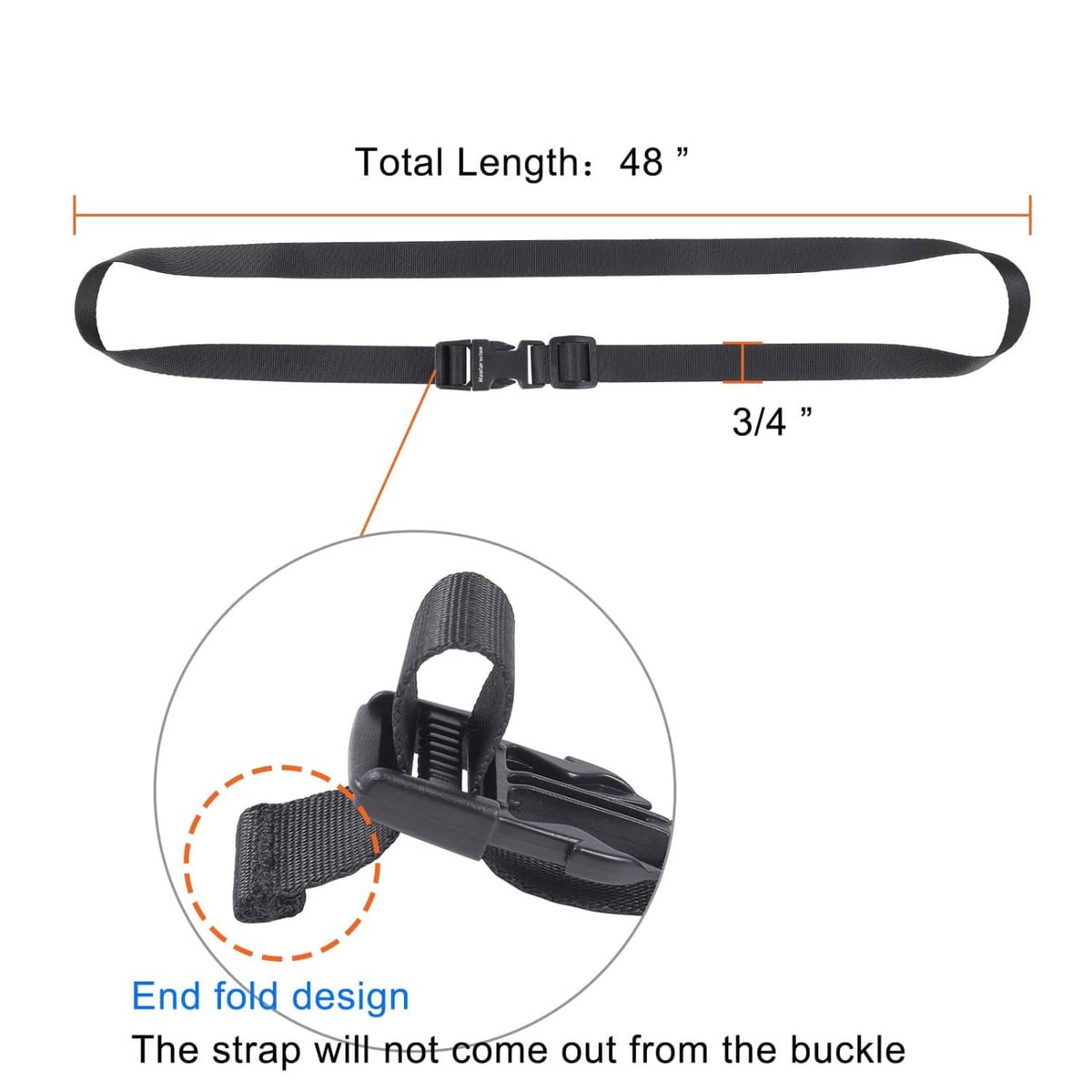 Black nylon cargo strap with end-fold design and adjustable buckle