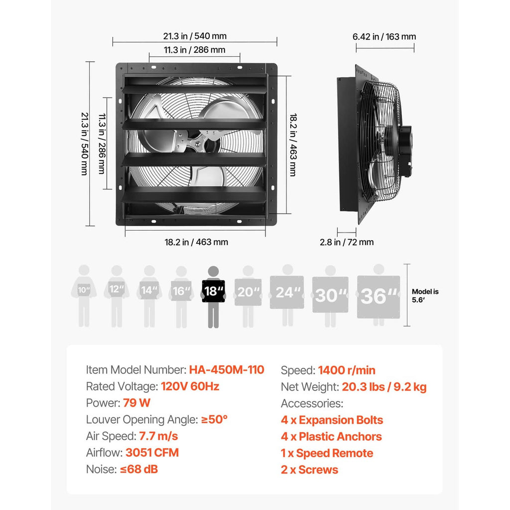 Wall-mount shutter exhaust fan size diagram with dimensions and airflow spec