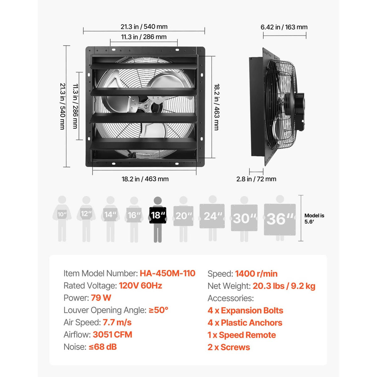 Wall-mount shutter exhaust fan size diagram with dimensions and airflow spec