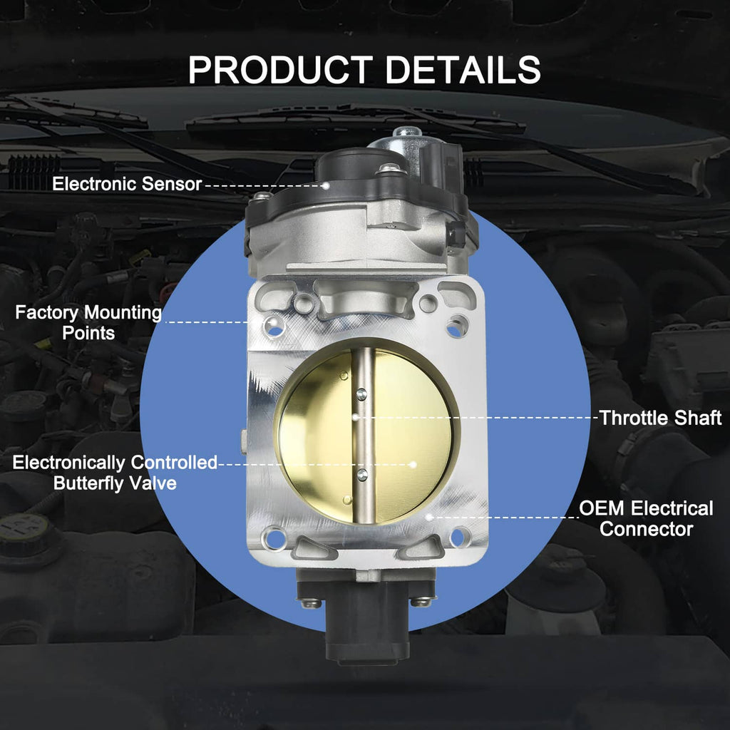 Throttle body assembly front view with gold throttle bore and OEM-style electrical connector