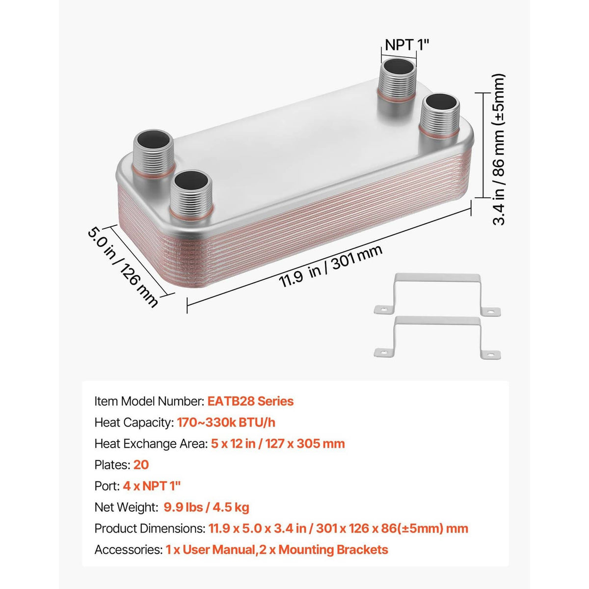 Plate heat exchanger with four threaded ports and dimension labels
