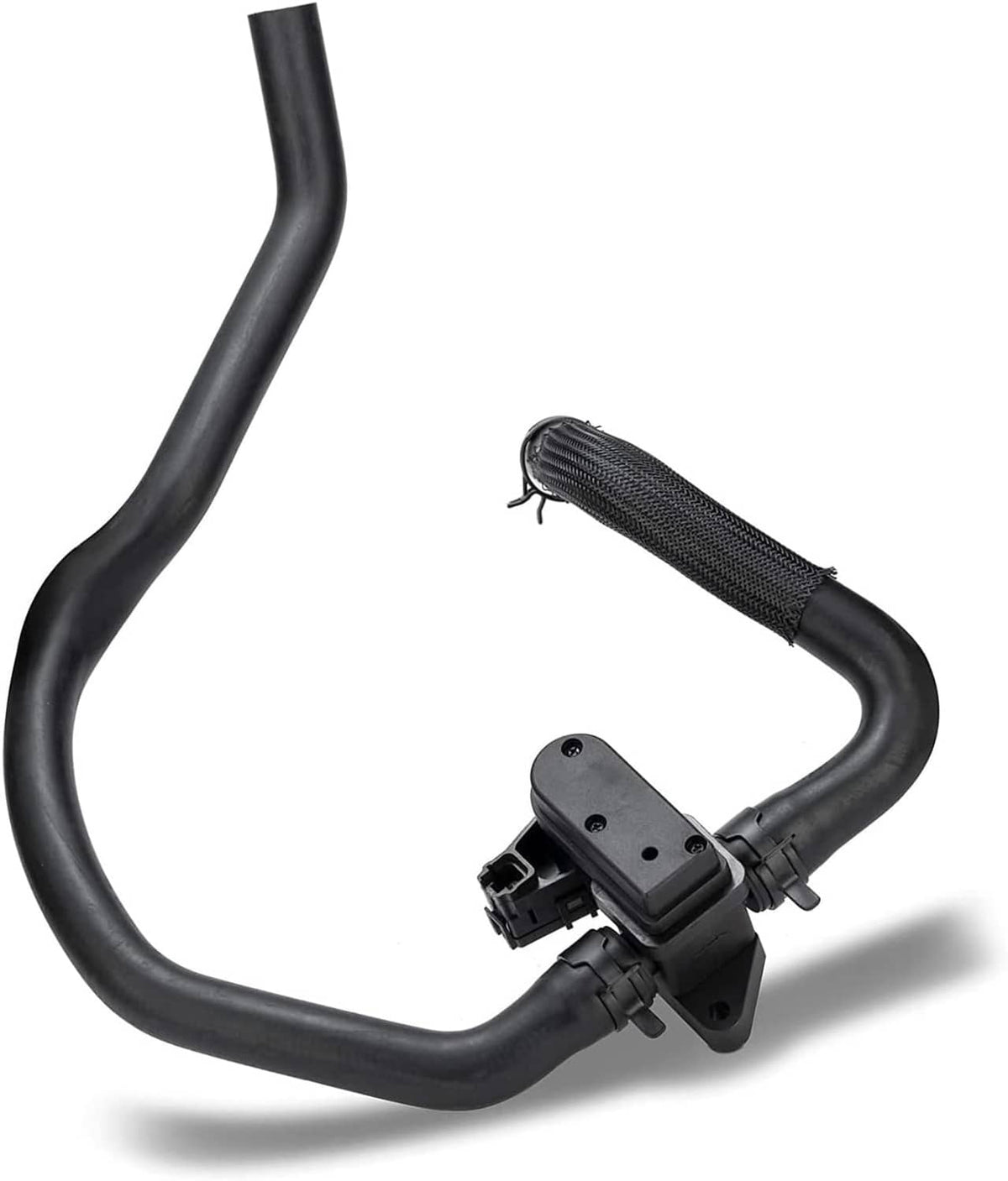 Black heater hose with mesh-wrapped section and mounted control valve assembly