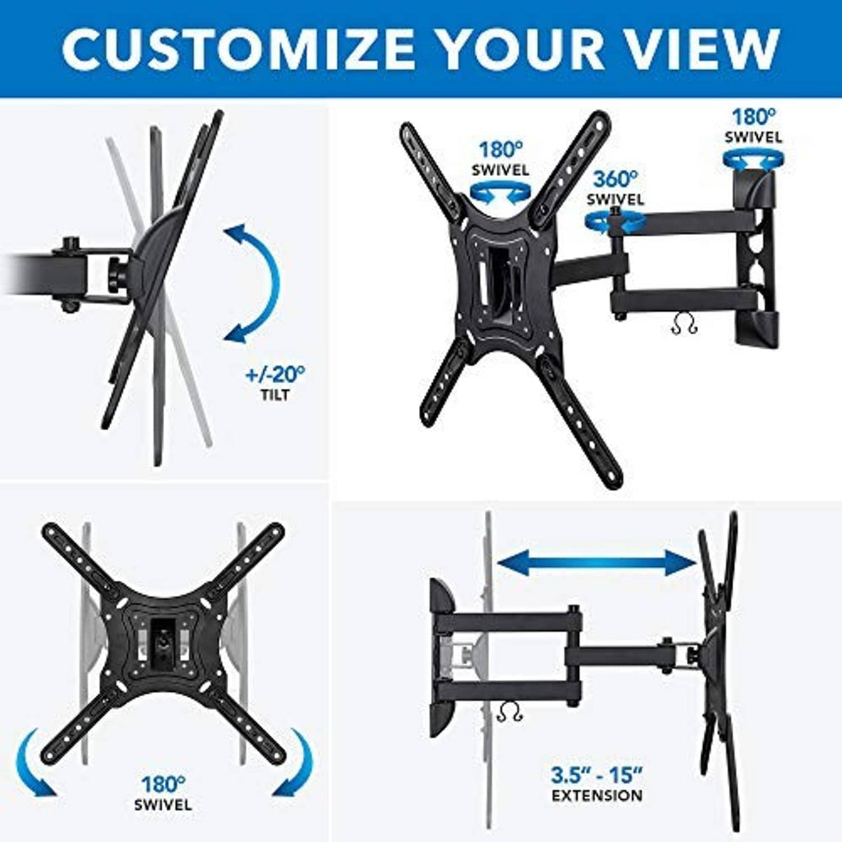Black full-motion TV wall mount with adjustable tilt, swivel, and extension arms