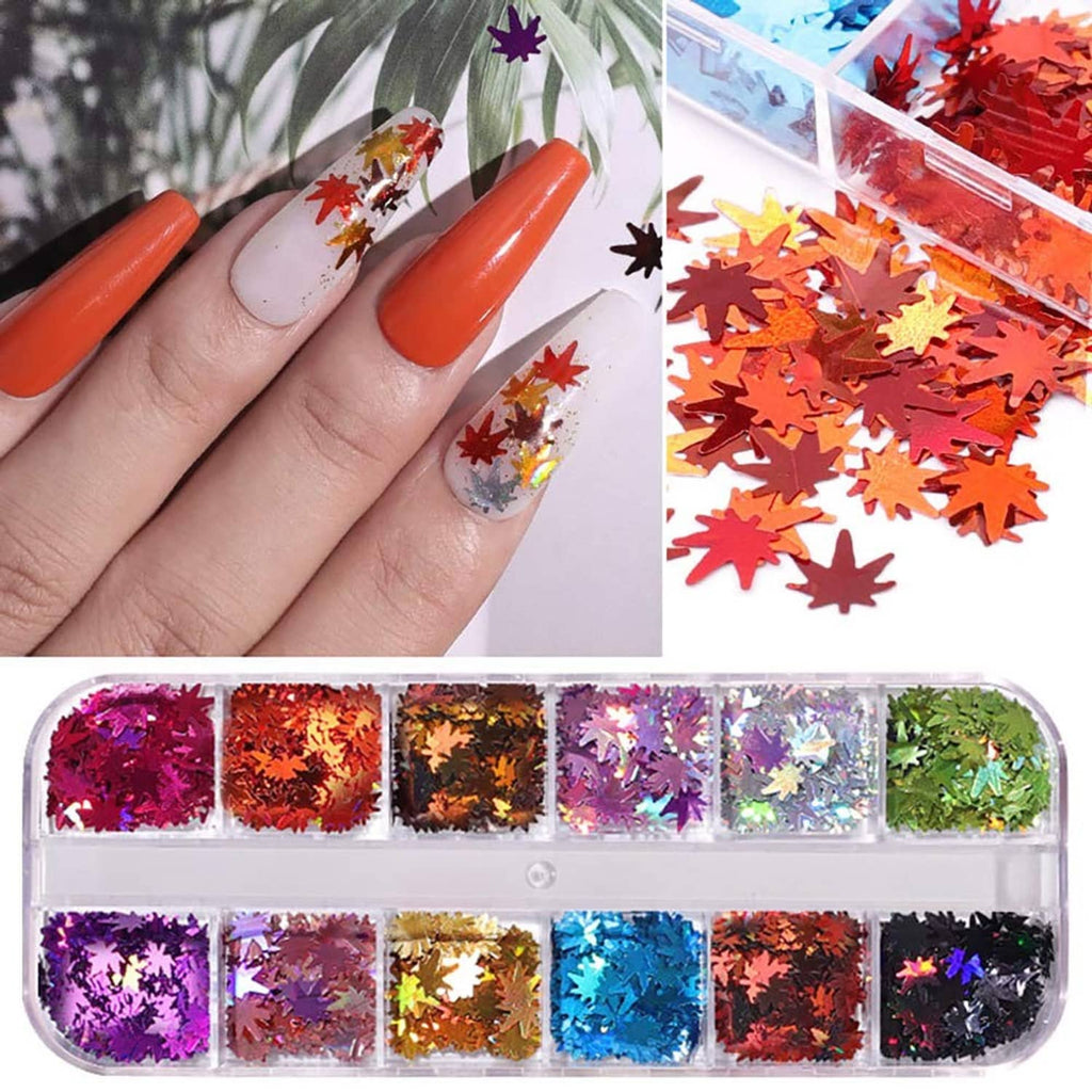 Set of maple leaf nail glitter sequins in a clear organizer, multiple colors