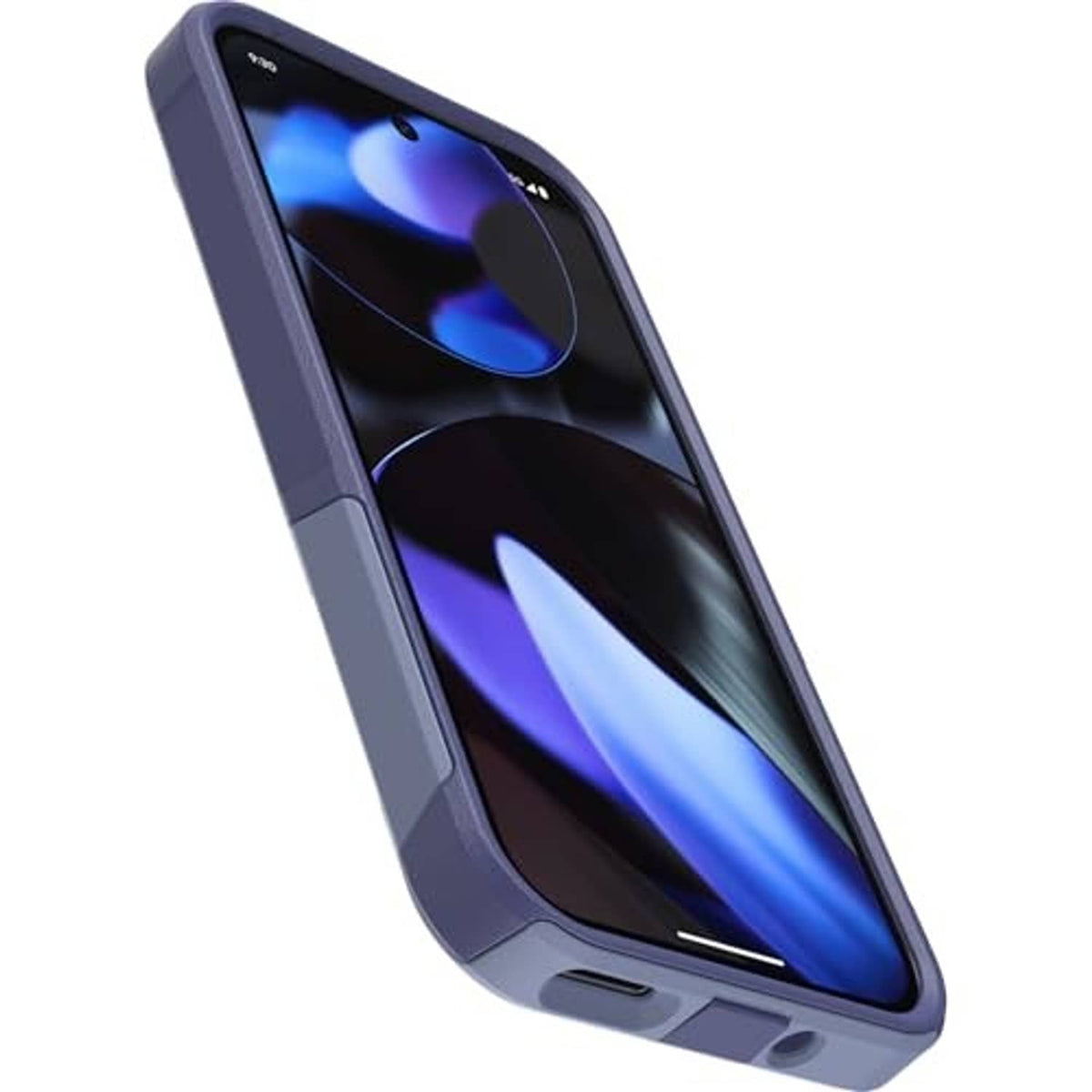 OtterBox purple phone case angled view, raised edges around camera and screen