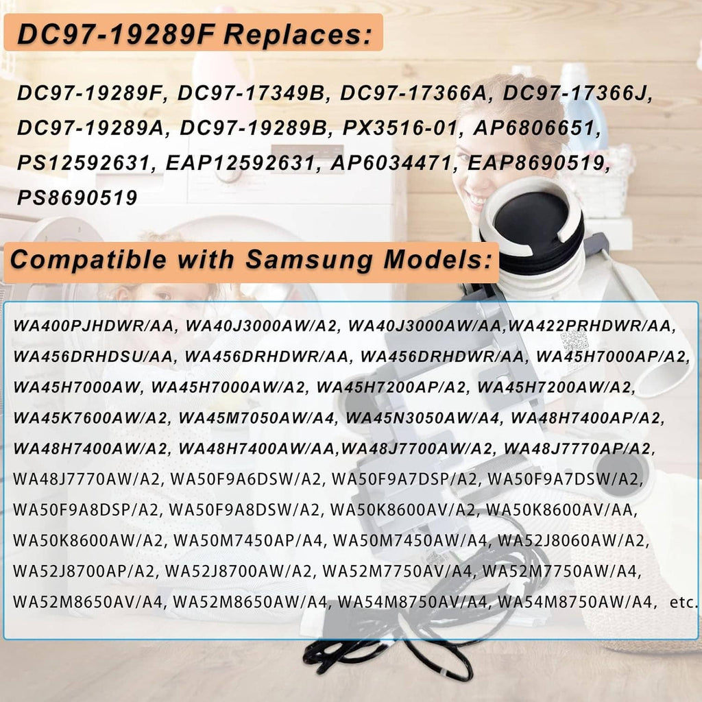 Washer drain pump assembly with wiring, shown with replacement compatibility list