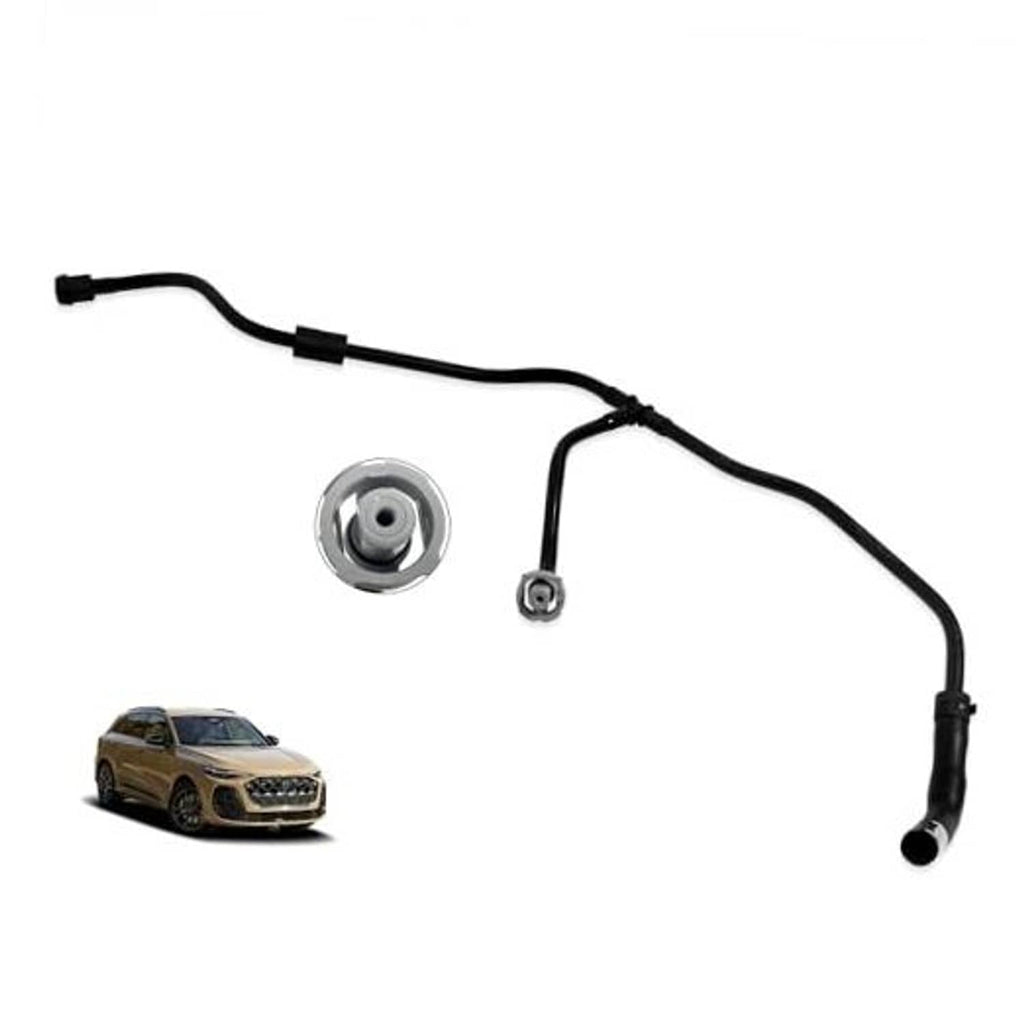 Radiator coolant reservoir hose with black tubing and round metal mounting piece