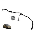 Radiator coolant reservoir hose with black tubing and round metal mounting piece