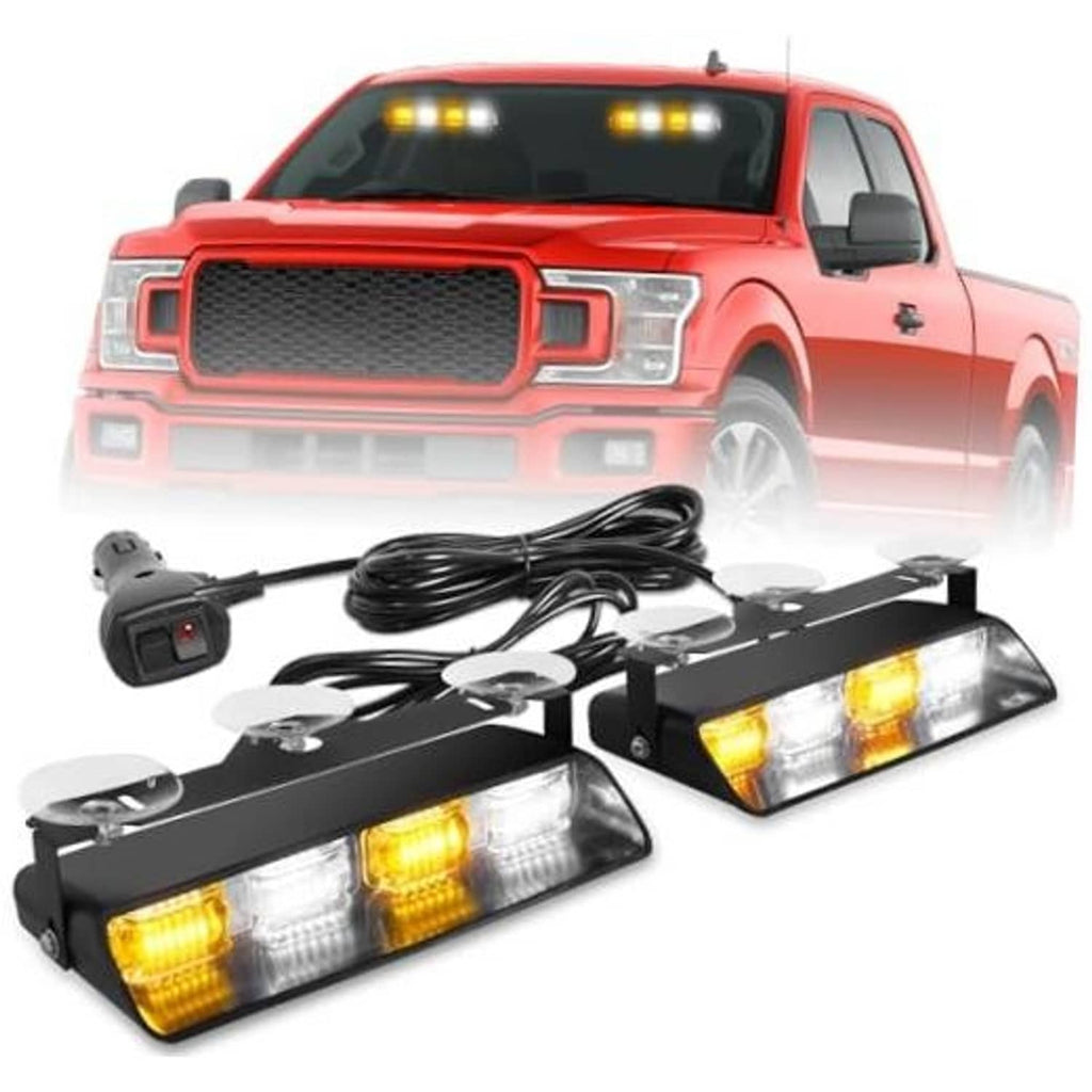 Amber and white emergency strobe light bar kit with suction mounts and remote controller