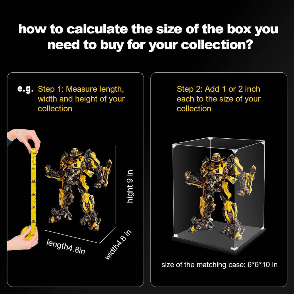 Clear acrylic display case showing a figure inside, transparent cube shape