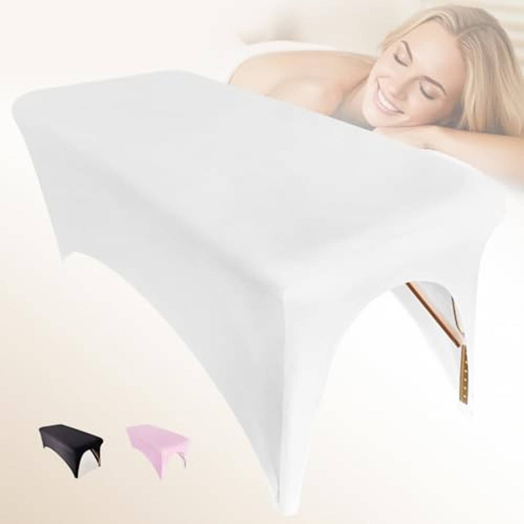 White elastic spa bed cover, draped over treatment bed with open front