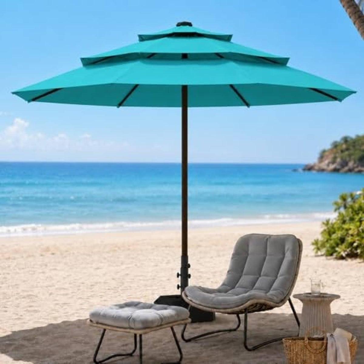 Turquoise 3-tier vented patio umbrella with open canopy and upright center pole