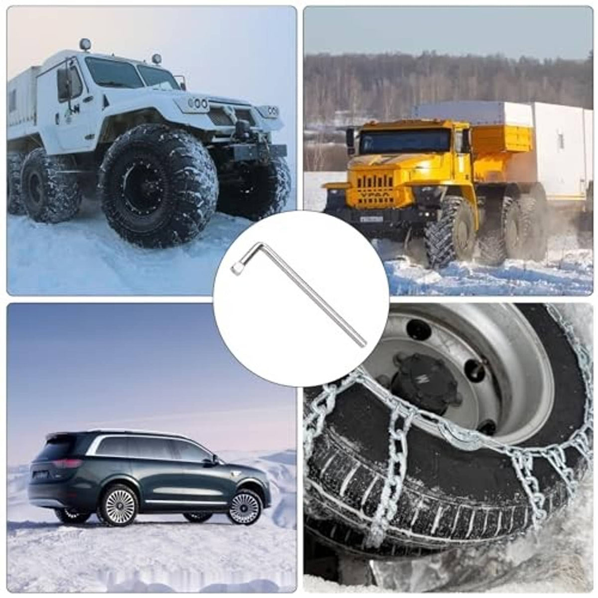 Chrome L-handle tire chain wrench icon, angled for adjusting chain cams