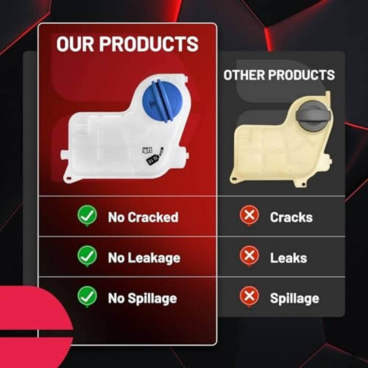 Coolant reservoir replacement comparison graphic showing no cracks or leaks