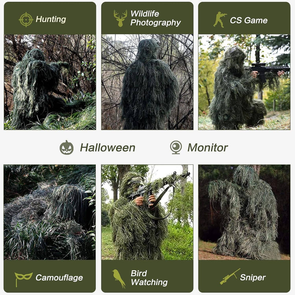 Green 3D ghillie camouflage suit with hooded jacket and pants, full-body tangled fibers.